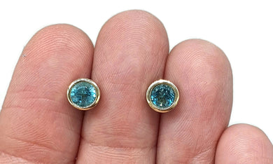 Blue Apatite Studs, Sterling Silver, 14k gold plated, Round Faceted, Bright Blue Gemstone - GemzAustralia 