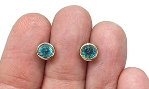 Blue Apatite Studs, Sterling Silver, 14k gold plated, Round Faceted, Bright Blue Gemstone - GemzAustralia 