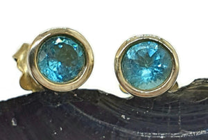 Blue Apatite Studs, Sterling Silver, 14k gold plated, Round Faceted, Bright Blue Gemstone - GemzAustralia 