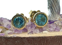 Load image into Gallery viewer, Blue Apatite Studs, Sterling Silver, 14k gold plated, Round Faceted, Bright Blue Gemstone - GemzAustralia 