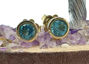 Blue Apatite Studs, Sterling Silver, 14k gold plated, Round Faceted, Bright Blue Gemstone - GemzAustralia 