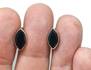 Black Onyx Stud Earrings, Sterling Silver, Marquise Shaped, Protection Stone, lucky Gem - GemzAustralia 