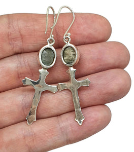 Cat's Eye Cross Earrings, Sterling Silver, Lehsuniya Gemstone, Cabochon stone, Oval Shape - GemzAustralia 