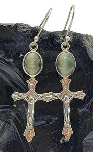 Cat's Eye Cross Earrings, Sterling Silver, Lehsuniya Gemstone, Cabochon stone, Oval Shape - GemzAustralia 