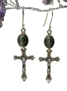 Cat's Eye Cross Earrings, Sterling Silver, Lehsuniya Gemstone, Cabochon stone, Oval Shape - GemzAustralia 