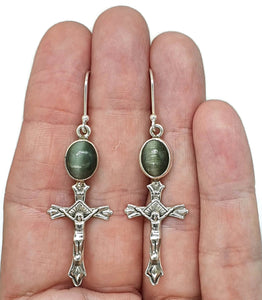 Cat's Eye Cross Earrings, Sterling Silver, Lehsuniya Gemstone, Cabochon stone, Oval Shape - GemzAustralia 