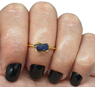 Blue Sapphire Ring, Size 7, 14K gold plated Sterling Silver, Raw Sapphire - GemzAustralia 