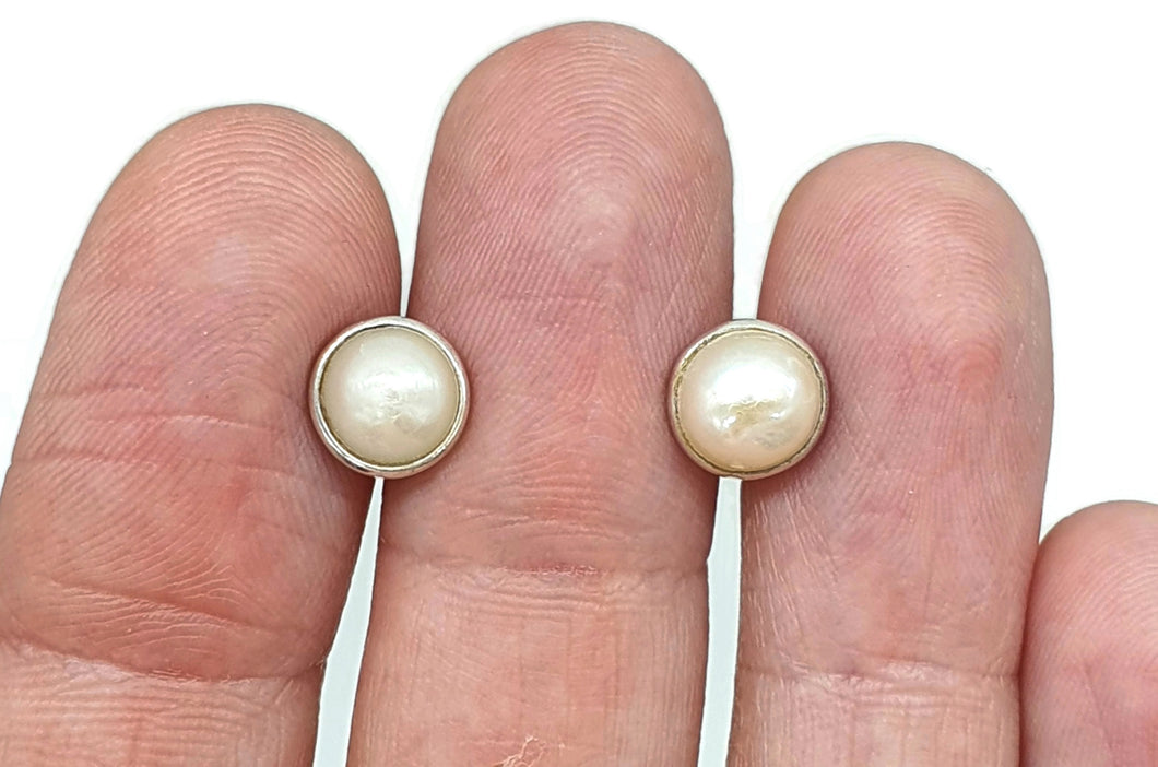 Freshwater Pearl Studs, Sterling Silver, Bridal Earrings, June Birthstone, White Pearl Earrings - GemzAustralia 