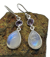 Load image into Gallery viewer, Rainbow Moonstone and Amethyst Earrings, Sterling Silver, February &amp; June Birthstones - GemzAustralia 