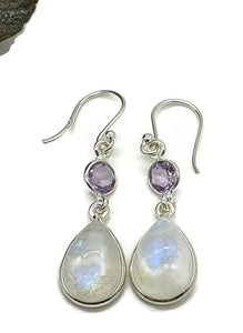 Rainbow Moonstone and Amethyst Earrings, Sterling Silver, February & June Birthstones - GemzAustralia 