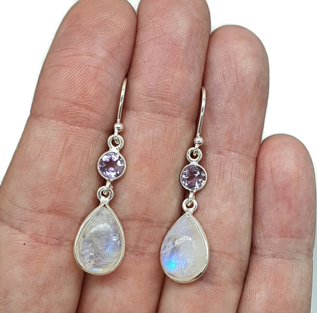 Rainbow Moonstone and Amethyst Earrings, Sterling Silver, February & June Birthstones - GemzAustralia 