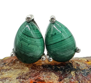Malachite Stud Earrings, Sterling Silver, Pear Shaped, Beautiful Rich Green Gemstone - GemzAustralia 