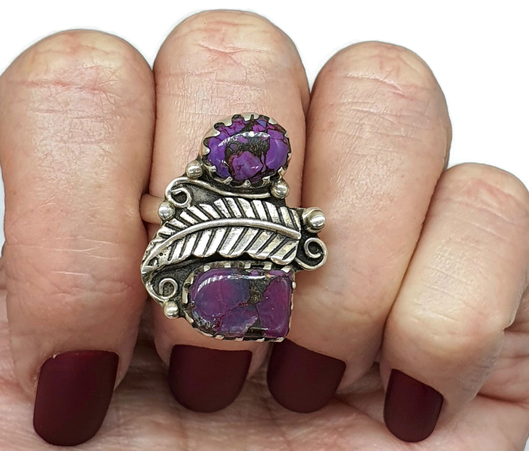 Purple Turquoise Ring, Size 9, Sterling Silver, Fern Leaf Design, Copper Mojave Turquoise - GemzAustralia 