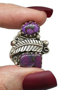 Purple Turquoise Ring, Size 9, Sterling Silver, Fern Leaf Design, Copper Mojave Turquoise - GemzAustralia 