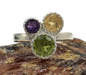 Multi Gemstone Ring, Size 7, Sterling Silver, Peridot, Amethyst & Citrine - GemzAustralia 