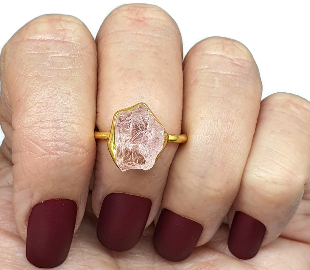 Rose Quartz Ring, Size 7.5, Sterling Silver, 14K gold plated, Raw Gemstone - GemzAustralia 