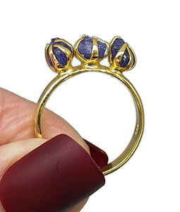 Raw Tanzanite Ring, Size 9, 14k Gold Plated Sterling Silver, Three Stone Ring - GemzAustralia 