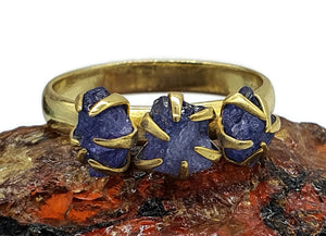 Raw Tanzanite Ring, Size 9, 14k Gold Plated Sterling Silver, Three Stone Ring - GemzAustralia 