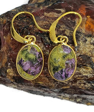 Load image into Gallery viewer, Mojave Stichtite Earrings, Sterling Silver, 14K Gold Plated, Oval Shaped, Australian Gem - GemzAustralia 