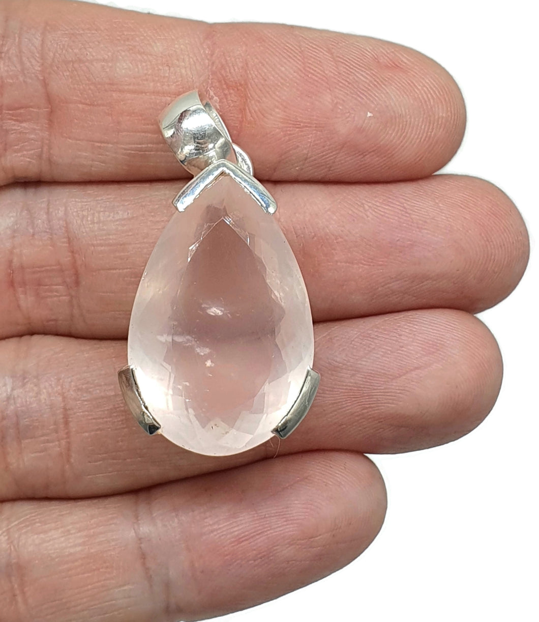 Rose Quartz Pendant, 31 Carats, Sterling Silver, Pear Faceted, Love Gem - GemzAustralia 