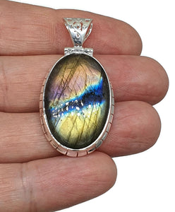 Purple Labradorite Pendant with flashes of Green, Gold & Blue, Sterling Silver, Oval Shaped - GemzAustralia 