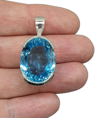 Swiss Blue Topaz Pendant, Sterling Silver, Oval Faceted, 36 carats, December Birthstone - GemzAustralia 