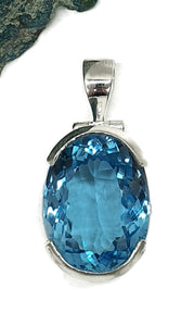 Swiss Blue Topaz Pendant, Sterling Silver, Oval Faceted, 36 carats, December Birthstone - GemzAustralia 