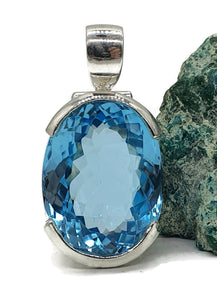 Swiss Blue Topaz Pendant, Sterling Silver, Oval Faceted, 36 carats, December Birthstone - GemzAustralia 