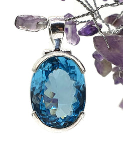 Swiss Blue Topaz Pendant, Sterling Silver, Oval Faceted, 36 carats, December Birthstone - GemzAustralia 