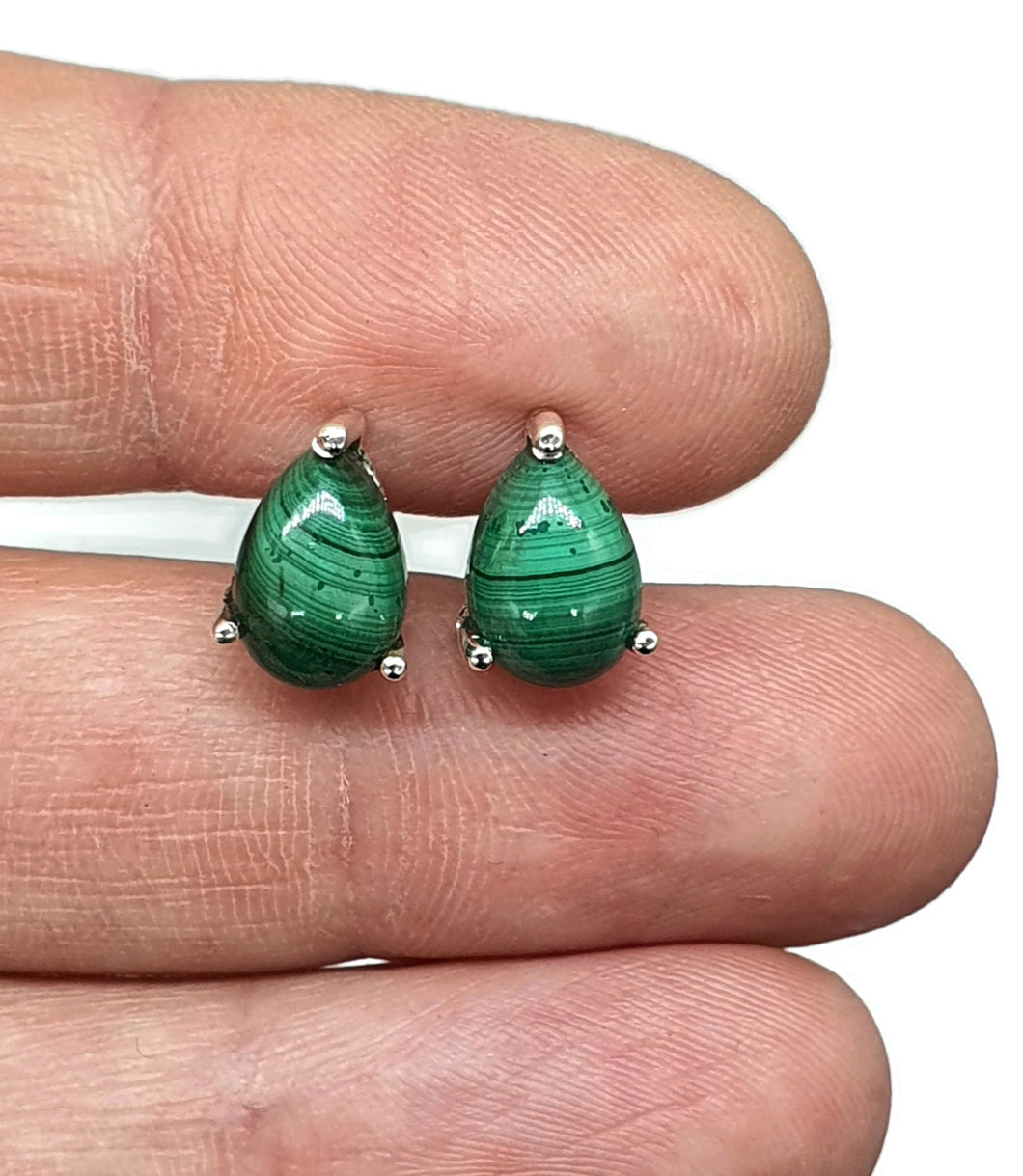 Malachite Stud Earrings, Sterling Silver, Pear Shaped, Beautiful Rich Green Gemstone - GemzAustralia 