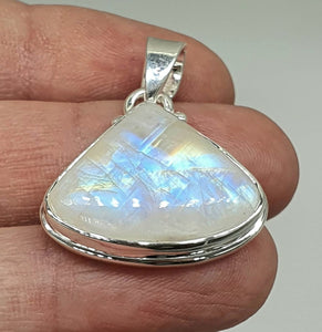 Triangle Rainbow Moonstone Pendant, Sterling Silver, Goddess Gemstone, Soul Talisman - GemzAustralia 