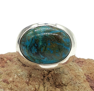 Chrysocolla Ring, Size 8, Sterling Silver, Oval Shaped, Turquoise Blue Gem - GemzAustralia 