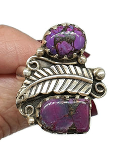 Purple Turquoise Ring, Size 9, Sterling Silver, Fern Leaf Design, Copper Mojave Turquoise - GemzAustralia 