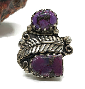 Purple Turquoise Ring, Size 9, Sterling Silver, Fern Leaf Design, Copper Mojave Turquoise - GemzAustralia 