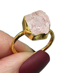 Rose Quartz Ring, Size 7.5, Sterling Silver, 14K gold plated, Raw Gemstone - GemzAustralia 