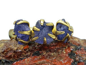 Raw Tanzanite Ring, Size 9, 14k Gold Plated Sterling Silver, Three Stone Ring - GemzAustralia 