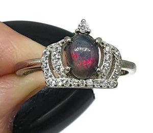 Black Opal & White Sapphire Crown Ring, Size 7.5, Sterling Silver, Lucky Stone, Hope Stone - GemzAustralia 