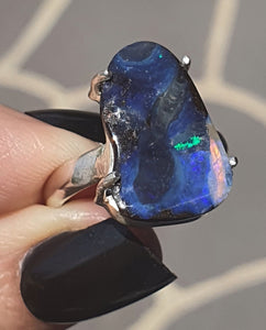 Boulder Opal Ring, Size 9, Solid Opal, Australian Opal, Sterling Silver, October Birthstone - GemzAustralia 