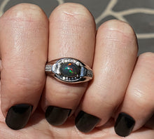 Load image into Gallery viewer, Australian Black Opal &amp; Diamond Ring, Size 7.5, Adjustable, Sterling Silver, Lucky Stone - GemzAustralia 