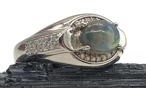 Australian Black Opal & Diamond Ring, Size 7.5, Adjustable, Sterling Silver, Lucky Stone - GemzAustralia 