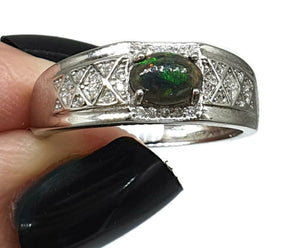 Black Opal & White Sapphire Ring, Size 9, Adjustable, Sterling Silver, Lucky Stone - GemzAustralia 