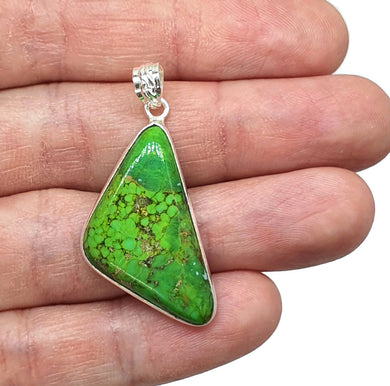 Green Mojave Turquoise Pendant, Sterling Silver, Triangle Shaped, Copper Turquoise - GemzAustralia 