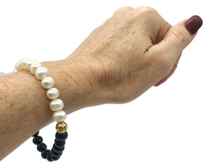Black & White Pearl Bracelet, Freshwater Pearls, Elasticised, June Birthstone, Ornate - GemzAustralia 