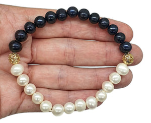 Black & White Pearl Bracelet, Freshwater Pearls, Elasticised, June Birthstone, Ornate - GemzAustralia 