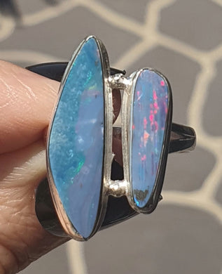 Australian Opal Ring, Size 7.5, Sterling Silver, Aura Gem, Psychic Gem, Two Stone Ring - GemzAustralia 