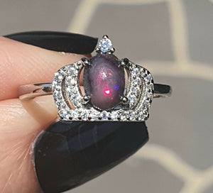 Black Opal & White Sapphire Crown Ring, Size 7.5, Sterling Silver, Lucky Stone, Hope Stone - GemzAustralia 