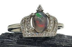 Black Opal & White Sapphire Crown Ring, Size 7.5, Sterling Silver, Lucky Stone, Hope Stone - GemzAustralia 