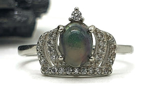 Black Opal & White Sapphire Crown Ring, Size 7.5, Sterling Silver, Lucky Stone, Hope Stone - GemzAustralia 