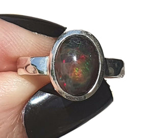 Australian Black Opal Ring, Size 6, Sterling Silver, Oval Shaped, October Birthstone - GemzAustralia 