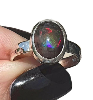 Australian Black Opal Ring, Size 6, Sterling Silver, Oval Shaped, October Birthstone - GemzAustralia 